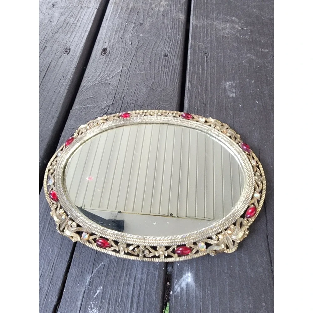 Vintage Antique Art Nouveau Gold Tone Ruby Jeweled Vanity Set, Ormolu Revlon HTF